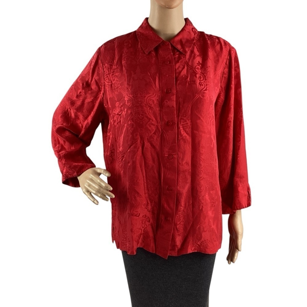 The J. Peterman Company Red Silk Print Button Front Blouse Size M